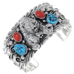 Navajo Coral Bear Mens Turquoise Bracelet In Sterling Silver