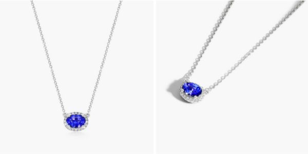 14K White Gold East West Set Oval Halo Tanzanite and Diamond Necklace (7x5mm)