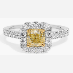 Yellow Cushion-Cut Diamond Halo Ring in Platinum and 18k Yellow Gold