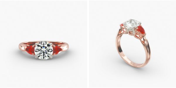 14K Rose Gold Three Stone Pear Shaped Ruby Engagement Ring