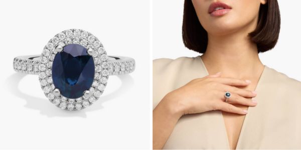 Oval Sapphire and Diamond Double Halo Micropavé Ring in 18k White Gold