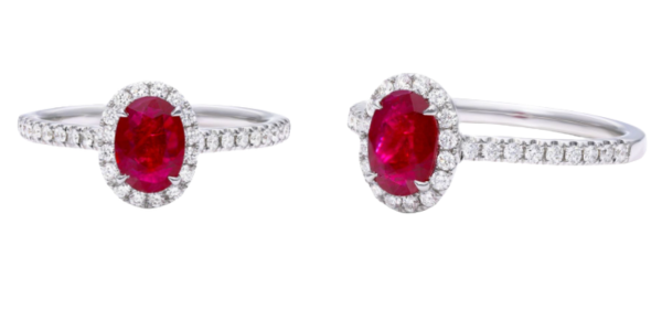 18K White Gold Oval Halo Ruby and Diamond Ring (7.0x5.0mm)