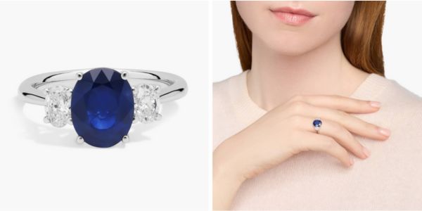 Sapphire and Diamond Three Stone Ring in 14k White Gold