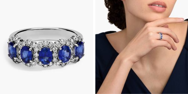 Five Stone Oval Sapphire and Diamond Halo Anniversary Ring in 14k White Gold