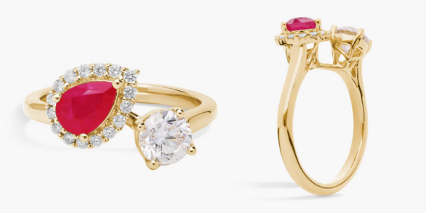 Ruby and Diamond Two Stone Ring in 14k Yellow Gold