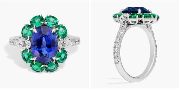 Blue Sapphire and Emerald Ring with Diamond Details in 18k White Gold