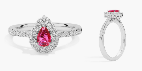 Pear-Shaped Ruby Ring with Diamond Halo in 14k White Gold (6x4mm)