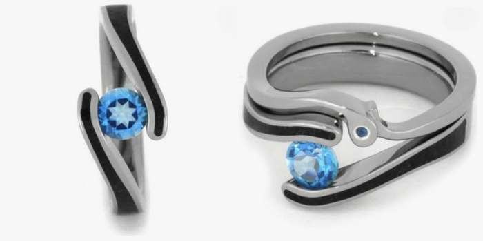 Mens Blue Topaz Rings In Titanium March Birthstone Ring