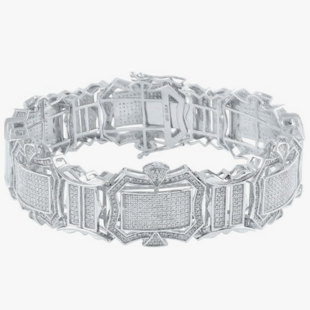 Sterling Silver Mens Round Diamond Rectangle Link Bracelet