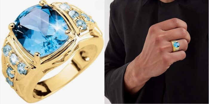 Solid Yellow Gold 2CT London Blue Topaz Ring for Men