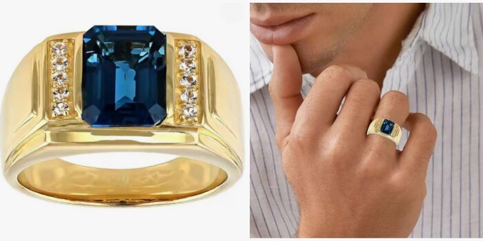 Emerald Cut Mens Blue Topaz Rings with Diamonds